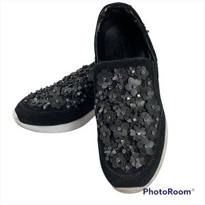 Zara black rhinestone flower faux suede loafers Size 37